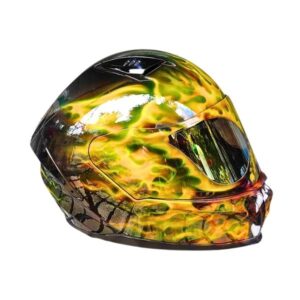Yellow and black ghost style handmade custom motorcycle helmet right side