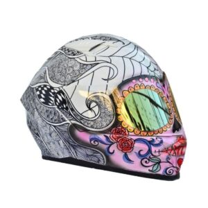 pink and white sugar skull style custom handmade motorcycle helmet right side