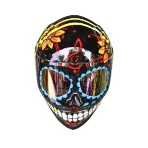 yellow flower sugar skull custom handmade motorcycle helmet top side