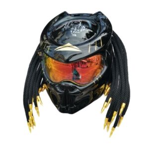 solid black with golden tips predator style custom handmade motorcycle helmet left side