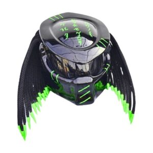 solid black with green tips predator style custom handmade motorcycle helmet right side
