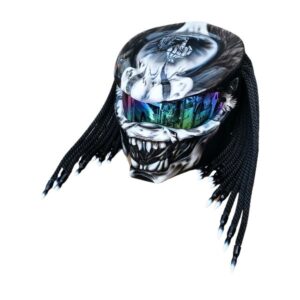 black and white super ghost predator style custom handmade motorcycle helmet left side