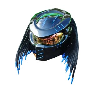 solid black with blue symbols predator style custom handmade motorcycle helmet left side