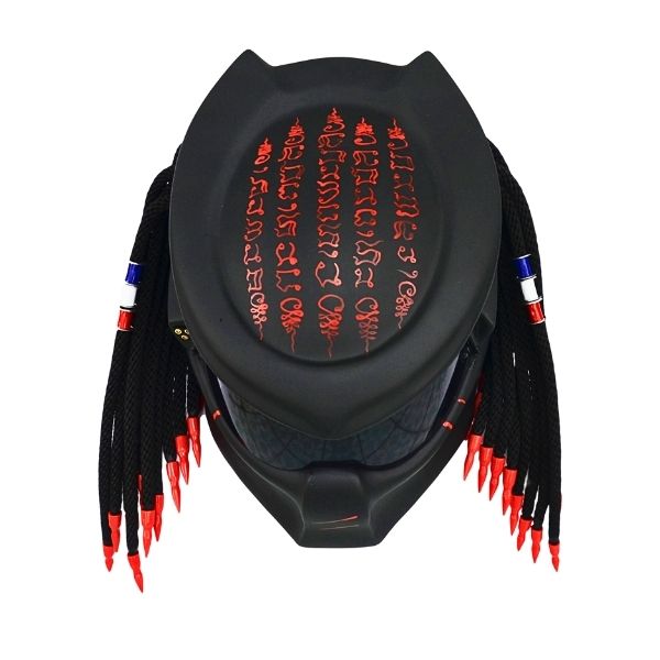1_Five-stripes-predator-helmet d matt black with france flag predator style custom handmade motorcycle helmet top side