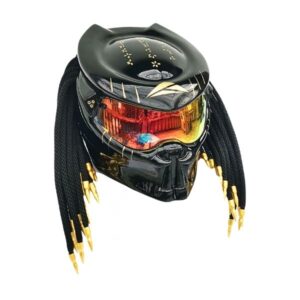 all solid black with golden tips and symbols predator style custom handmde motorcycle helmet right side