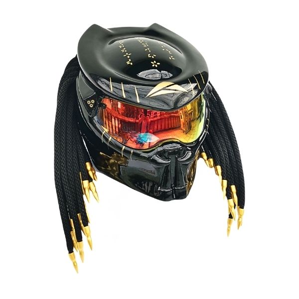1_Golden-black-predator-helmet g all solid black with golden tips and symbols predator style custom handmde motorcycle helmet right side