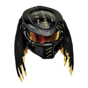 solid black with golden eye predator style custom handmade motorcycle helmet right side