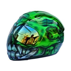 green skull helmet with fang custom handmade motorcycle helmet left side