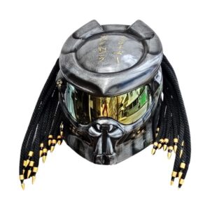 grey with golden tips symbols predator style custom handmade motorcycle helmet