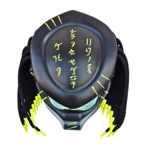 mattblack with yellow symbols predator custom handmade motorcycle helmet top side
