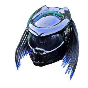 all solid black with blue symbols predator style custom handmade motorcycle helmet left side