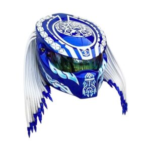 blue helmet with white dreadlock predator style custom handmade motorcycle helmet right side