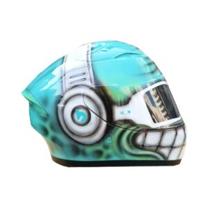 turcoise cool smiley custom handmade motorcycle helmet right side