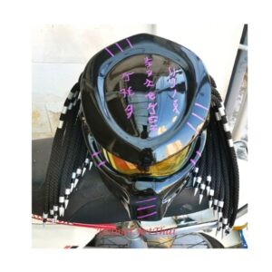 solid black with purple symbols predator style custom handmade motorcycle helmet top side