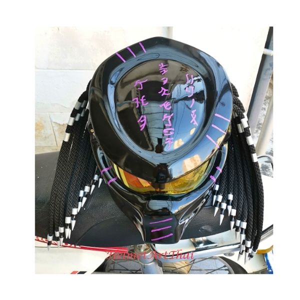 1_Purple-black-predator-helmet d solid black with purple symbols predator style custom handmade motorcycle helmet top side