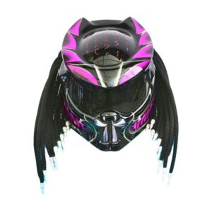 purple and black predator style custom handmade motorcycle helmet front side