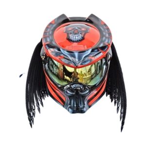 red with skull symbols predator style custom handmade motorcycle helmet