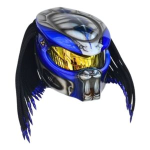 silver blue predator style custom handmde motorcycle helmet right side