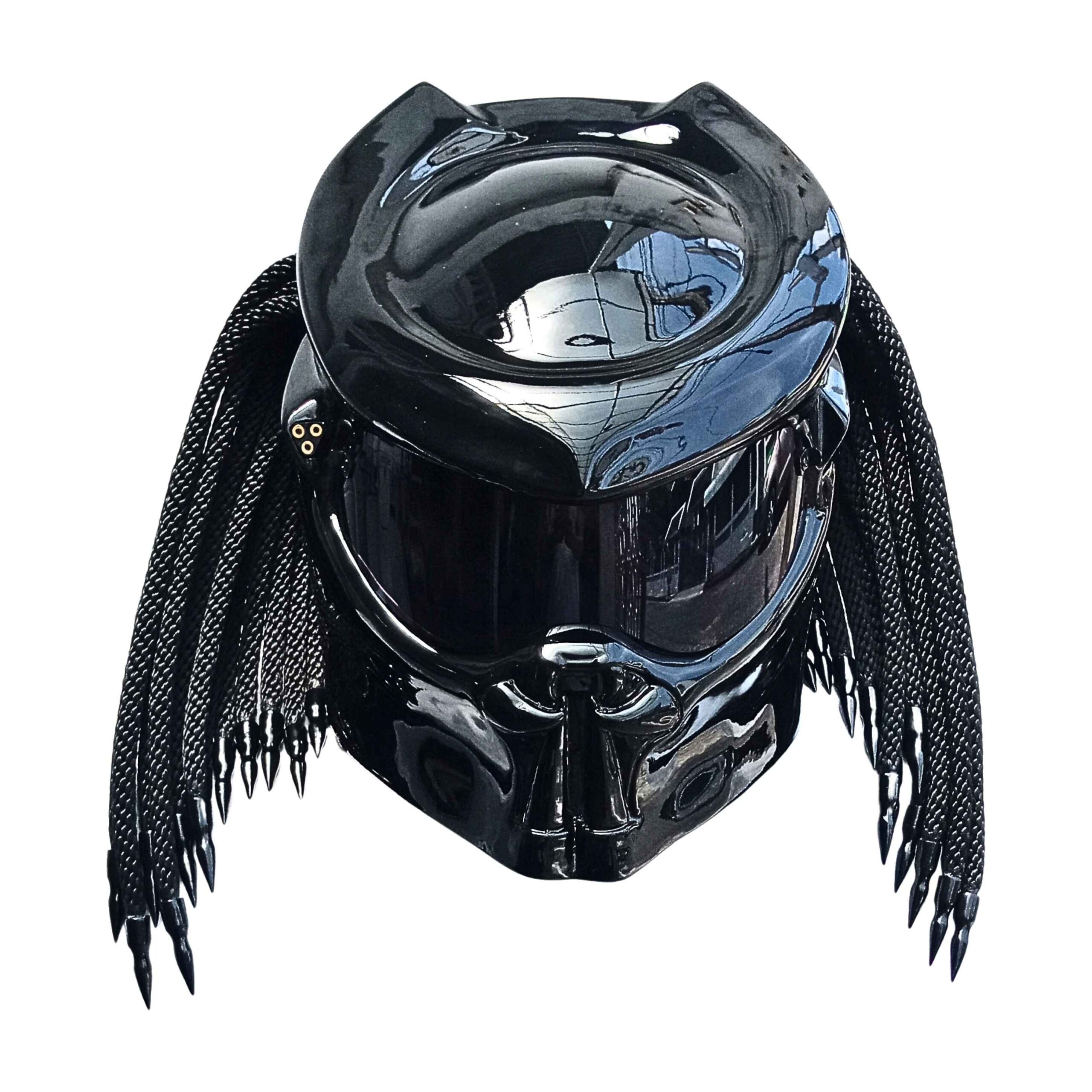 2_All-solid-black-predator-helmet a all solid black with fang predator style custom handmade motorcycle helmet front side