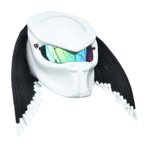all white with black dreadlocks predator style custom handmade motorcycle helmet left side