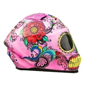 pinky flowers sugar skull style custom handmade motorcycle helmet right side