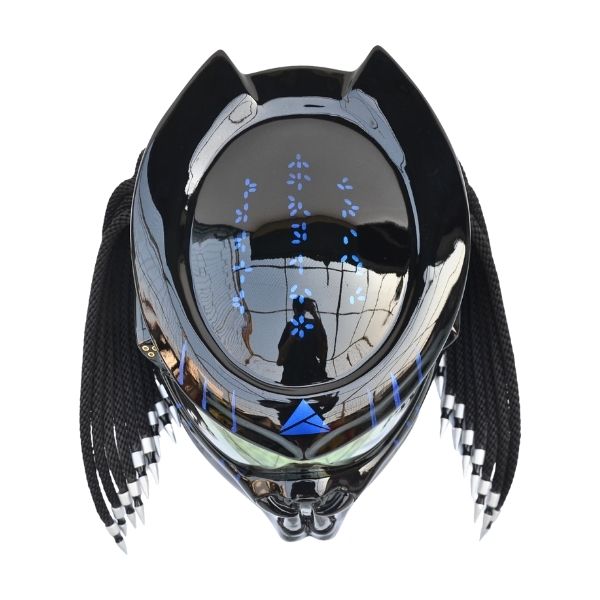 2_Black-gold-predator-helmet c all black with golden tips predator custom handmade motorcycle helmet top side
