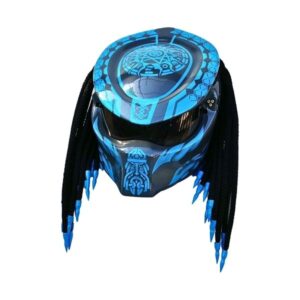 blue and black predator style custom handmade motorcycle helmet left side