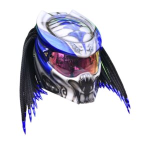 blue and silver predator style custom handmade motorcycle helmet beside