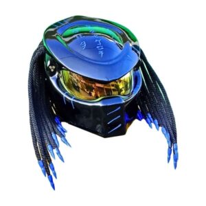 solid black with blue symbols predator style custom handmade motorcycle helmet right side