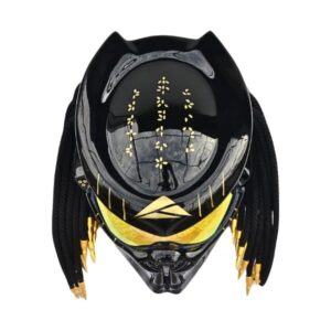 all solid black with golden tips and symbols predator style custom handmde motorcycle helmet top side