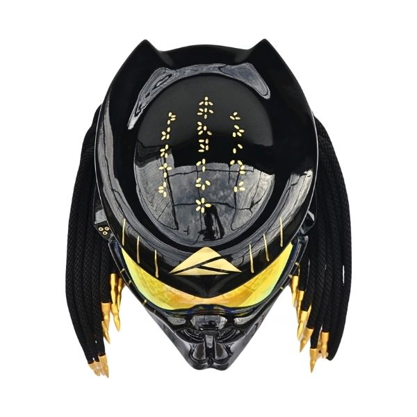 2_Golden-black-predator-helmet b all solid black with golden tips and symbols predator style custom handmde motorcycle helmet top side