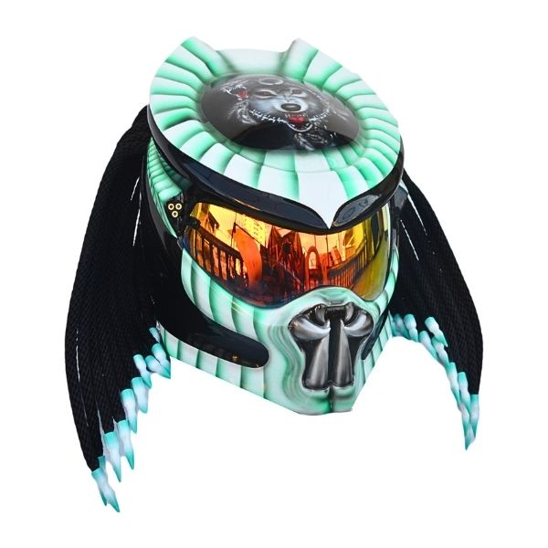2_Green-black-predator-helmet a black and green with wolf predator style custom handmade motorcycle helmet