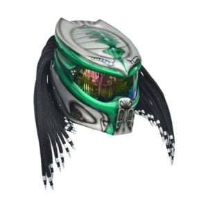 silver helmet with green predator style custom handmade motorcycle helmet right side