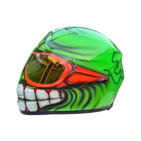 2_Green smiley-helmet g green smiley with Oakley glasses custom handmade motorcycle helmet left side