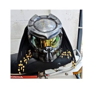 grey with golden tips symbols predator style custom handmade motorcycle helmet right side