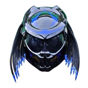 all solid black with blue symbols predator style custom handmade motorcycle helmet