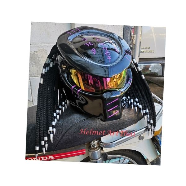 2_Purple-black-predator-helmet a solid black with purple symbols predator style custom handmade motorcycle helmet right side