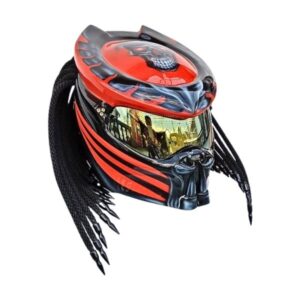 red with skull symbols predator style custom handmade motorcycle helmet right side