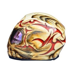 yellow and red skull helmet with fang custom handmade motorcycle helmet left side
