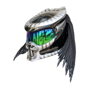 silver and black custom handmade motorcycle helmet left side