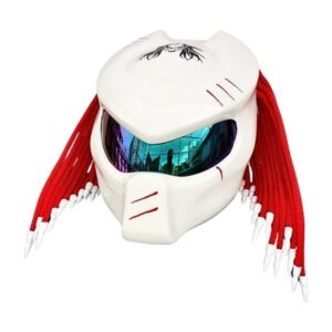 white helmet with red dreadlock predator style custom handmade motorcycle helmet left side