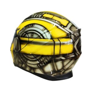 yellow robot style custom handmade motorcycle helmet left side