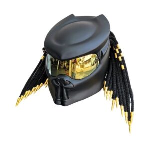 matt black with golden tips predator style custom handmade motorcycle helmet left side