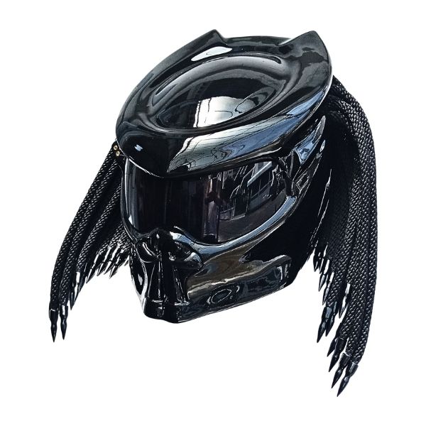 3_All-solid-black-predator-helmehs all solid black with fang predator style custom handmade motorcycle helmet left side
