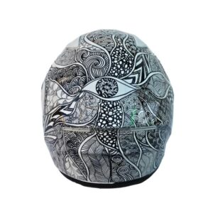 pink and white sugar skull style custom handmade motorcycle helmet back side