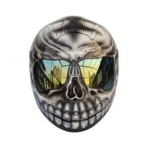 Black and white skull style custom handmade motorcycle helmet front side