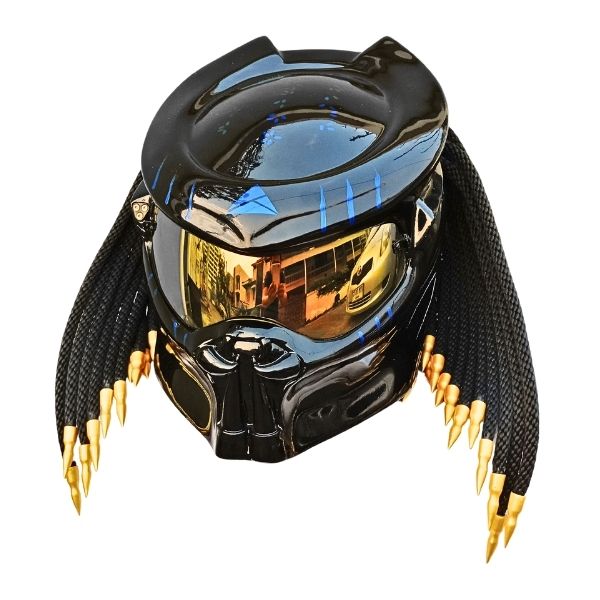 3_Black-gold-predator-helmet a all black with golden tips predator custom handmade motorcycle helmet left side