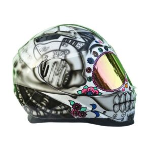 black and white sugar skull with teeth style custom handmade motorcycle helmet beside