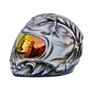 black skull ghost style custom handmade motocycle helmet beside left