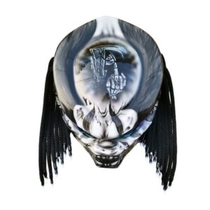 black and white super ghost predator style custom handmade motorcycle helmet top side